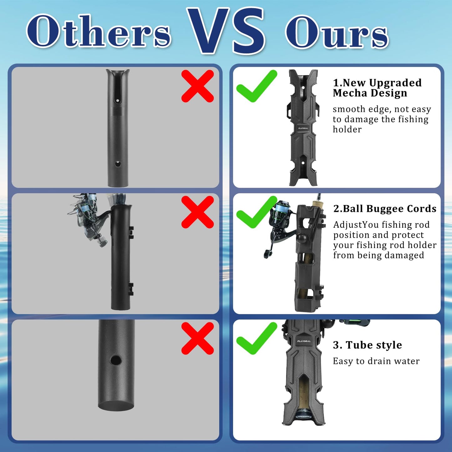 6 Pcs Mecha Boats Fishing Rod Holders,Wall Mounted Fishing Rod Holder Bracket Tube for Kayak with Screws,Ball Bungee Cords,Fishing Rod Storage Tubes for Boats,Cooler,Kayak,Crate,Garage,Trailer,Truck