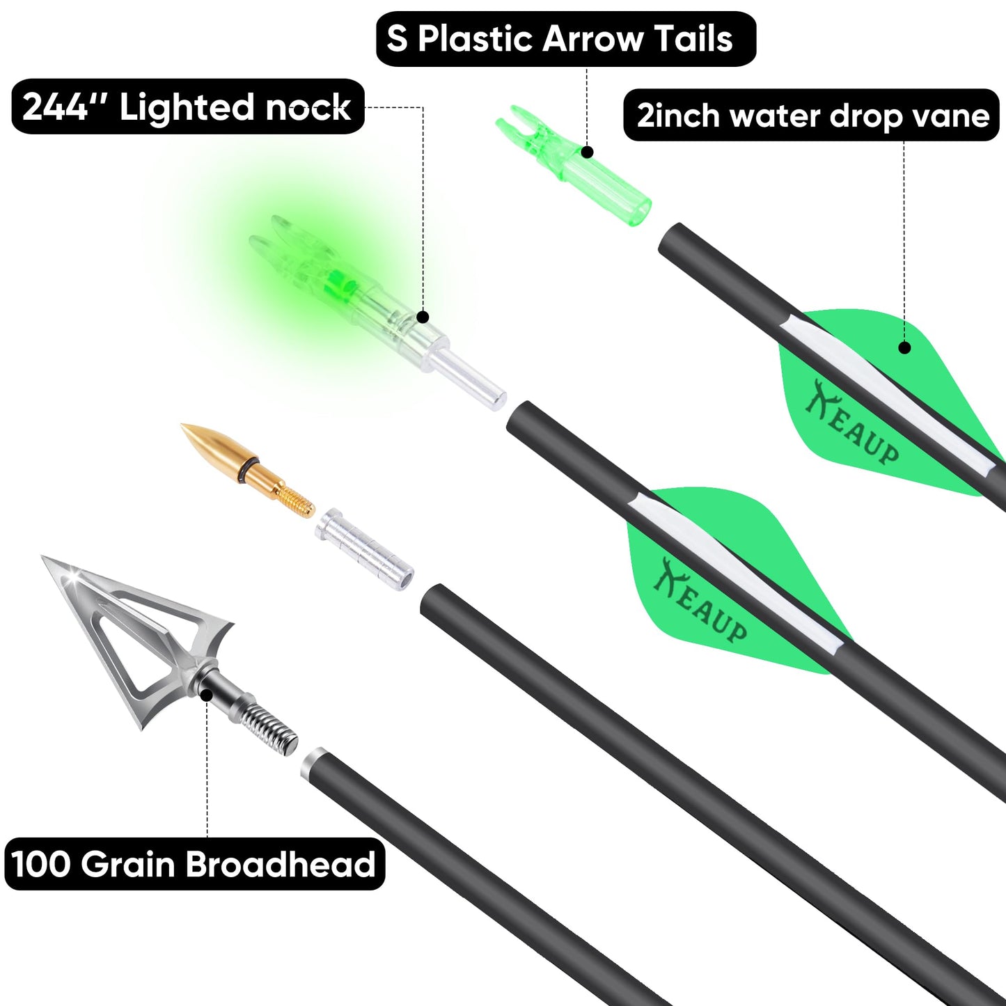 KEAUP 31 inch 100% Carbon Arrows and Broadheads .244/6.2mm Lighted Nocks Set, 6 Pack Hunting Compound Bow and Recurve Bow Shaft Spine 300/350/400/500 (Spine 350, Green)