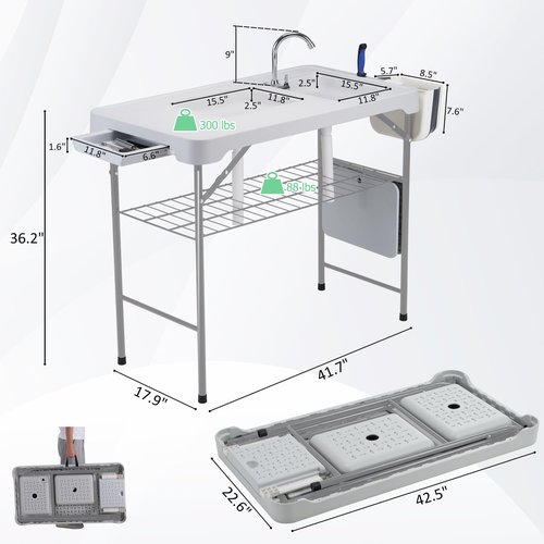 Dragosum 42'' Outdoor Fish Cleaning Table Portable Camping Sink Station with Double Sinks, Collapsible Swivel Faucet, Picnic Sink Table with 6pc Fish Cleaning Kit for Picnic Beach Patio (Grey)