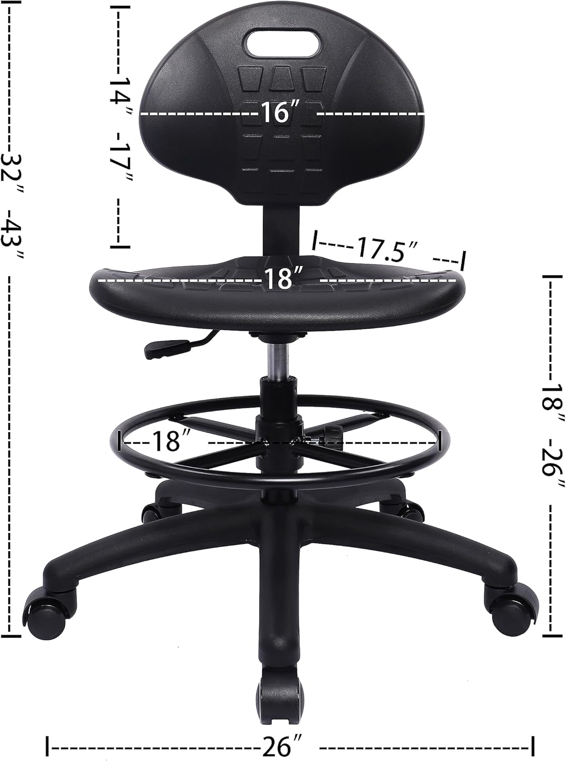 TAKE UR SEAT® Polyurethane Drafting Lab Stool Chair, 18" Adjustable Footring, 8" Adjustable Height, 450 lbs seat Capacity, Heavy Duty, Shipped Within 24 Hours Med. Bench Height (Rubber Caster)