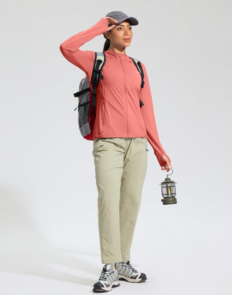 Soothfeel Women's UPF 50+ Sun Protection Hoodie Jacket Lightweight Long Sleeve Sun Shirt for Women with Pocket Hiking Outdoor(Coral, L)