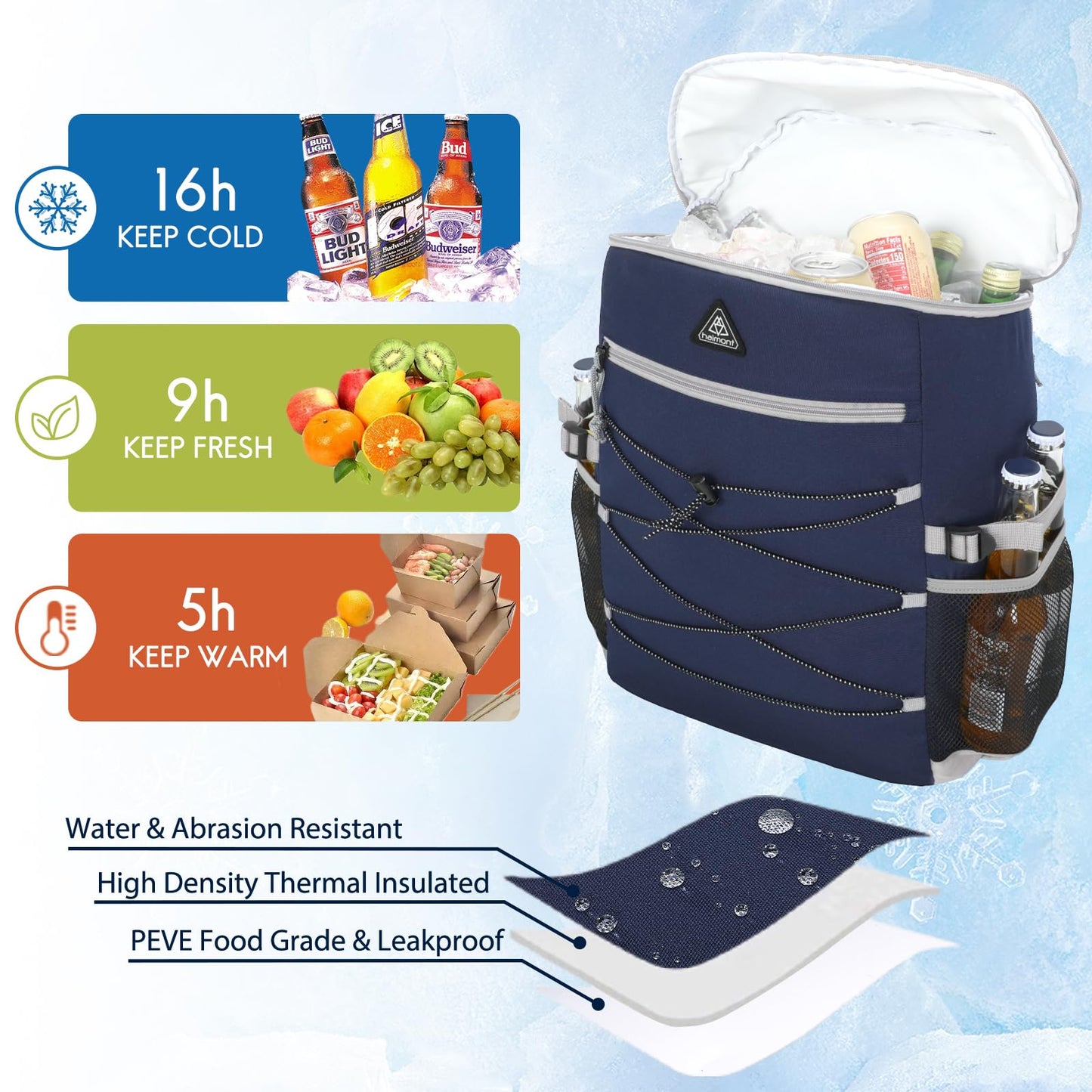 Haimont Insuated Backpack 35 Can Leakproof Thermal Lunch Cooler Backpack for Men Women, Lightweight, Navy Blue, New Version