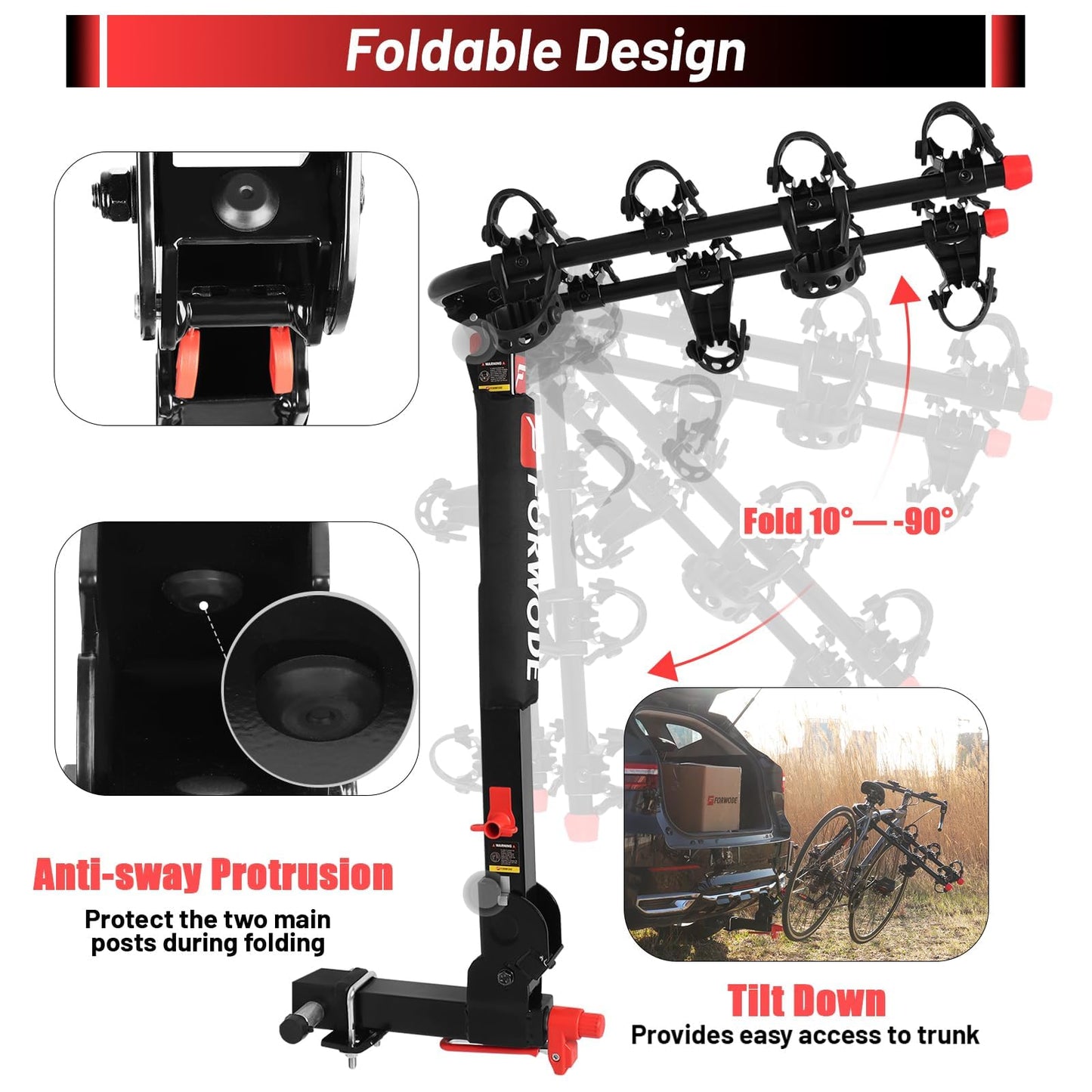 Forwode 4 Bike Hitch Mount Rack, Tiltable Foldable Bicycle Carrier Wobble Free Locking Hitch Quick Release 2-Inch Receiver Black (C-Upgraded versin, 4Bike)