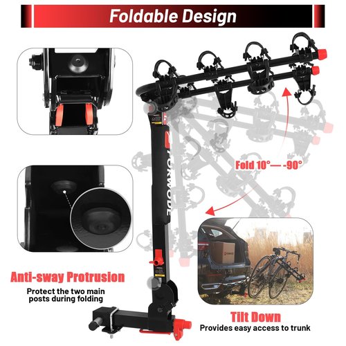 Forwode 4 Bike Hitch Mount Rack, Tiltable Foldable Bicycle Carrier Wobble Free Locking Hitch Quick Release 2-Inch Receiver Black (C-Upgraded versin, 4Bike)