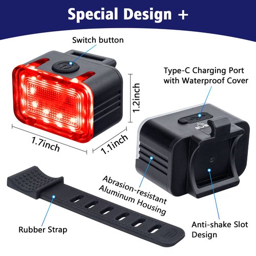 Powerful Rechargeable Bike Light Set - Smart Multi-Modes Ultra Bright Bicycle Front and Rear Lights with Spot & Flood Beams, Waterproof Headlight Taillight Set for Mountain, Road, Kids & City Bicycles