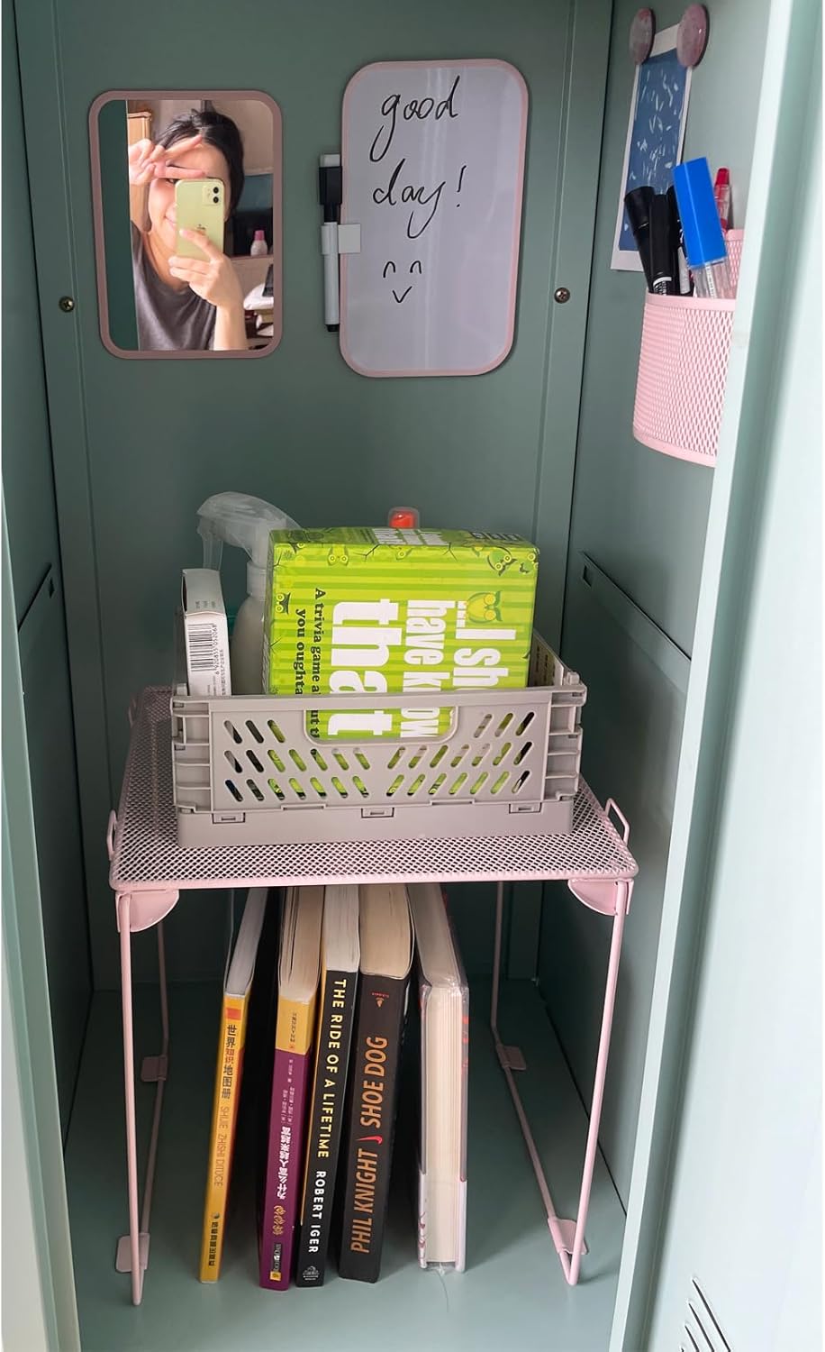 Pink Locker Accessories with Locker Shelf, Magnetic Mirror, Magnetic Pen Holder, Magnetic Small Whiteboard, Back to School Essentials Locker Decorations, 7 Piece Locker Organizer for Work