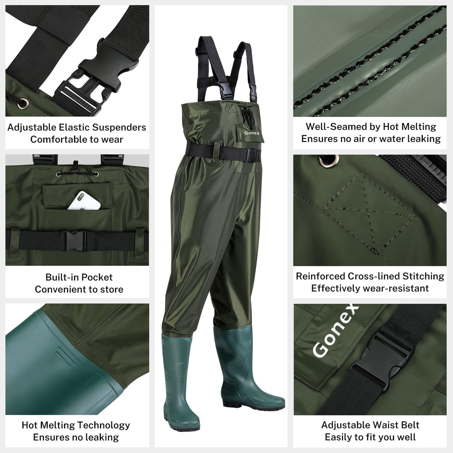 Gonex Chest Waders Hunting Fishing Waders for Men Women Waterproof 70D Nylon Wader for Duck Hunting Fishing, Green, Sizes 13