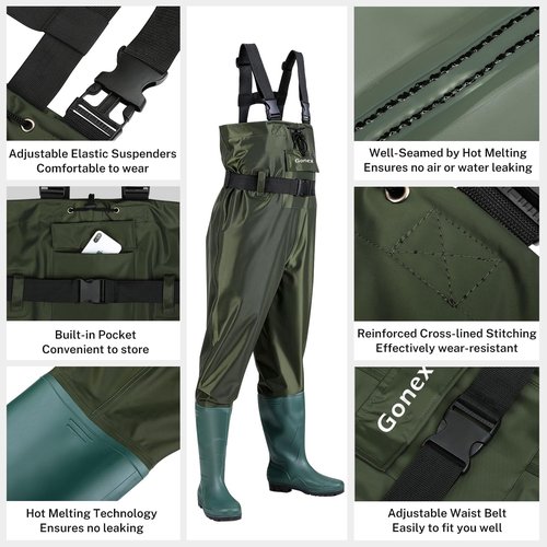 Gonex Chest Waders Hunting Fishing Waders for Men Women Waterproof 70D Nylon Wader for Duck Hunting Fishing, Green, Sizes 13