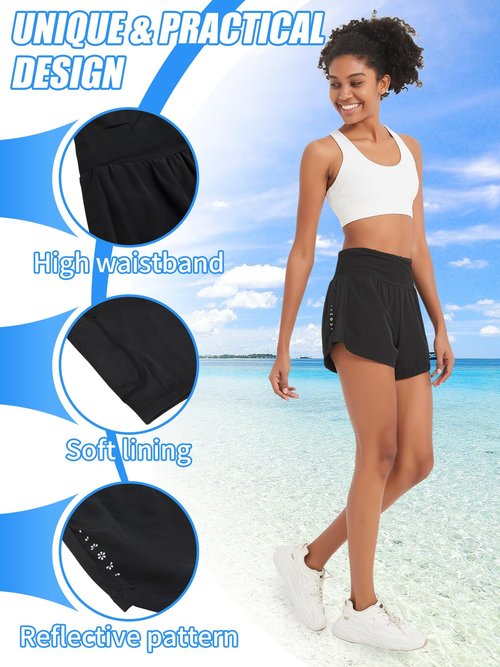 Monbessi Running Shorts Womens 2 in 1 Athletic Shorts with Zipper Pocket Swim-Shorts Ladies for Workout Training Yoga Jogging(L, Black)