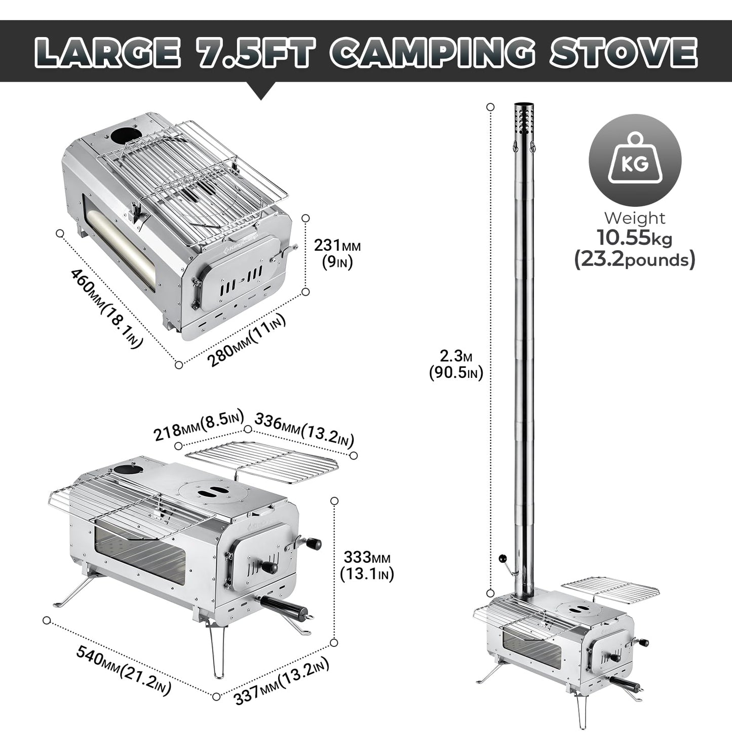 KingCamp Hot Tent Stove, Foldable Camping Stove with Large Firebox, 7.5ft Winter Camping Stove for Tent, Shelter, Cabin Heating, With Chimney Pipes, Heat Resistant Glass & Gloves for Outdoor