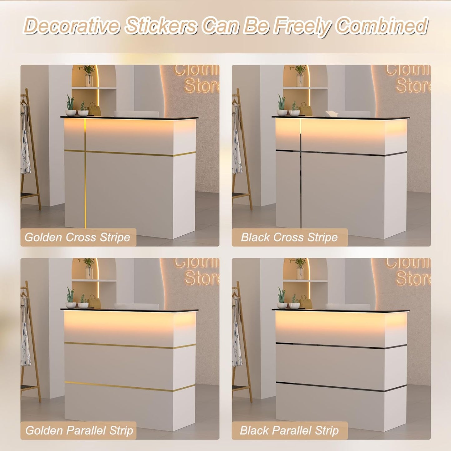 AHB Reception Desk with Counter, Modern Front Table Equipped Lockers & Storage Shelves, 50-inch Checkout Counter with LED Lights & DIY Stripe for Lobbies, Salons, Retail, Home Offices, Reception Room