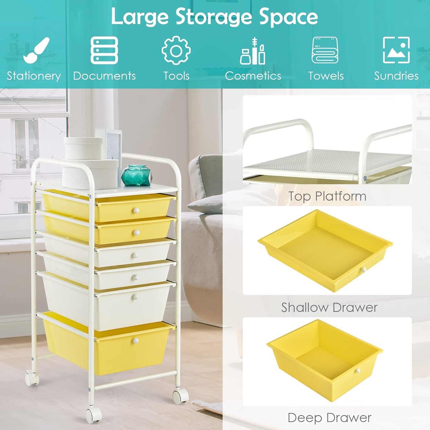 RELAX4LIFE 6-Drawer Rolling Storage Cart - Classroom Organization on Wheels w/Removable Plastic Drawers, Mobile Art Craft Cart for School Paper Home Office, Utility Cart with Drawers (Macaron)