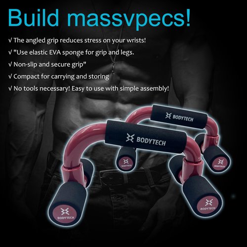 BODYTECH Push up Bars Strength Training with Foam Grip & Non-Slip handling. Load Capacity 220 lbs Wine Red Color