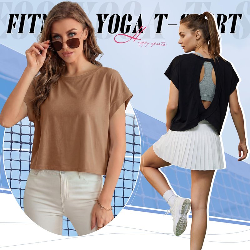 Breathffy 3 Pack Women Open Back Workout Crop Tops Short Sleeve Athletic Backless T Shirts Loose Fit Running Gym Yoga Tees(Small,Black,White,Khaki)