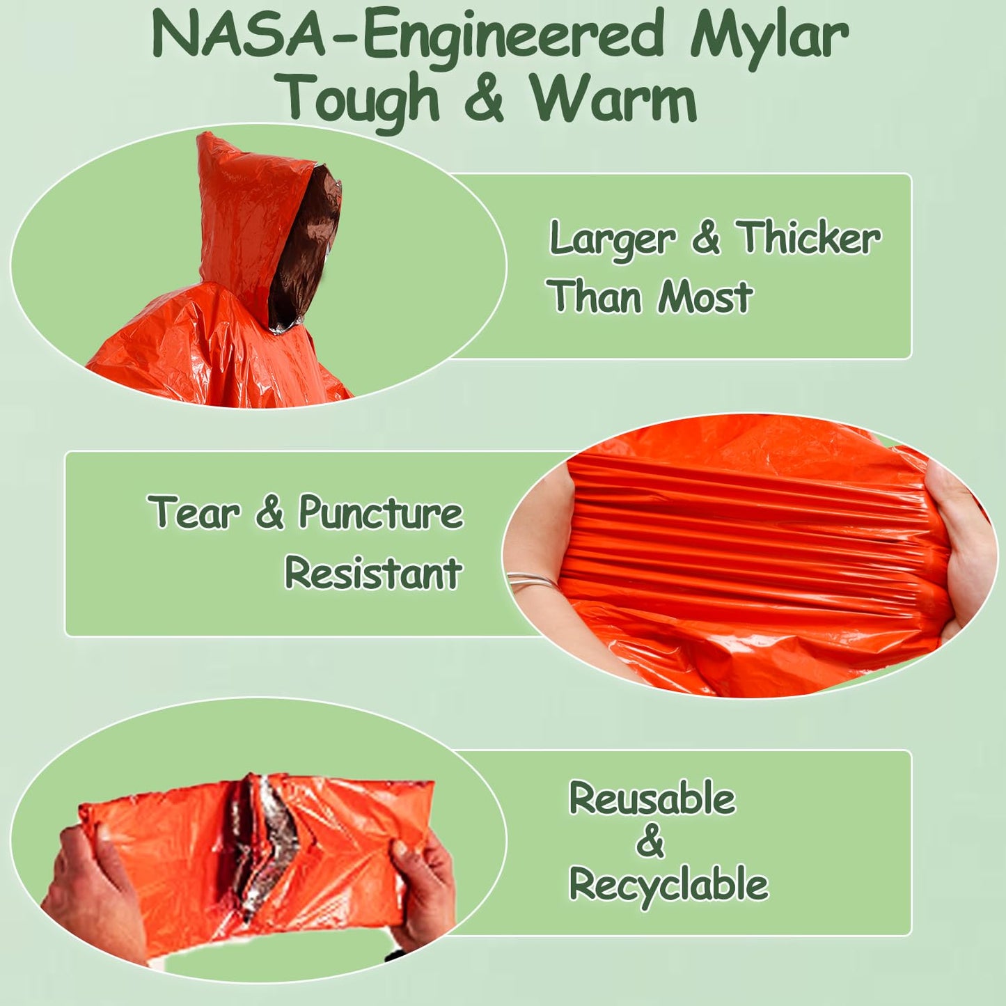 King Mills Plus Size Emergency Poncho, Mylar Poncho with Hood, Ideal Use as Emergency Blanket for Car, Mylar Emergency Blanket in Camping, Hiking, and Outdoor Activities, 8PK