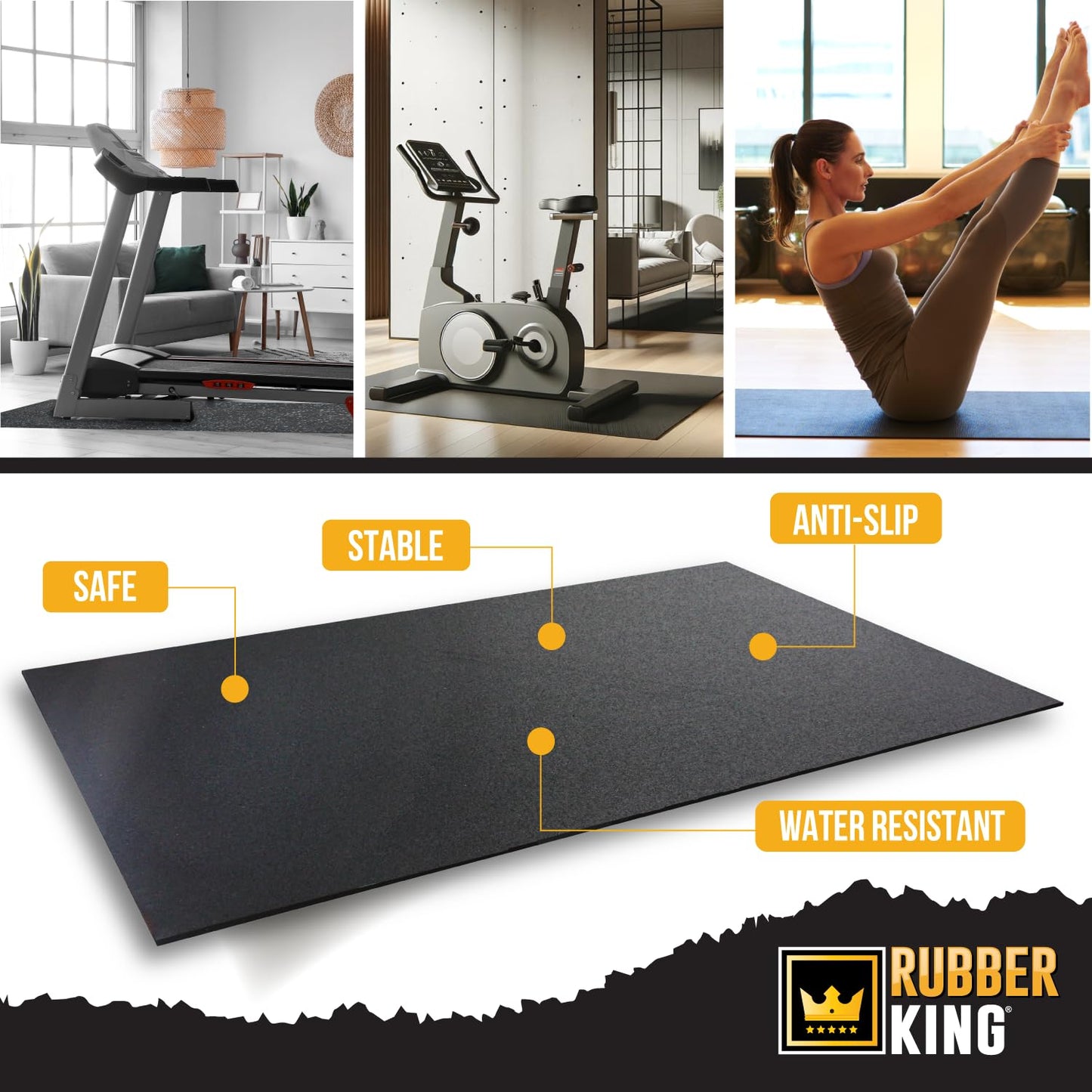 Rubber King Multi-Purpose Exercise Mat - 4' x 6' x 7mm - 100% Recycled Thick Rubber Mat for Home Gym Flooring, Non-Slip, Low-Odor Durable Workout Mat for Indoor/Outdoor, Shoe-Friendly - Grey