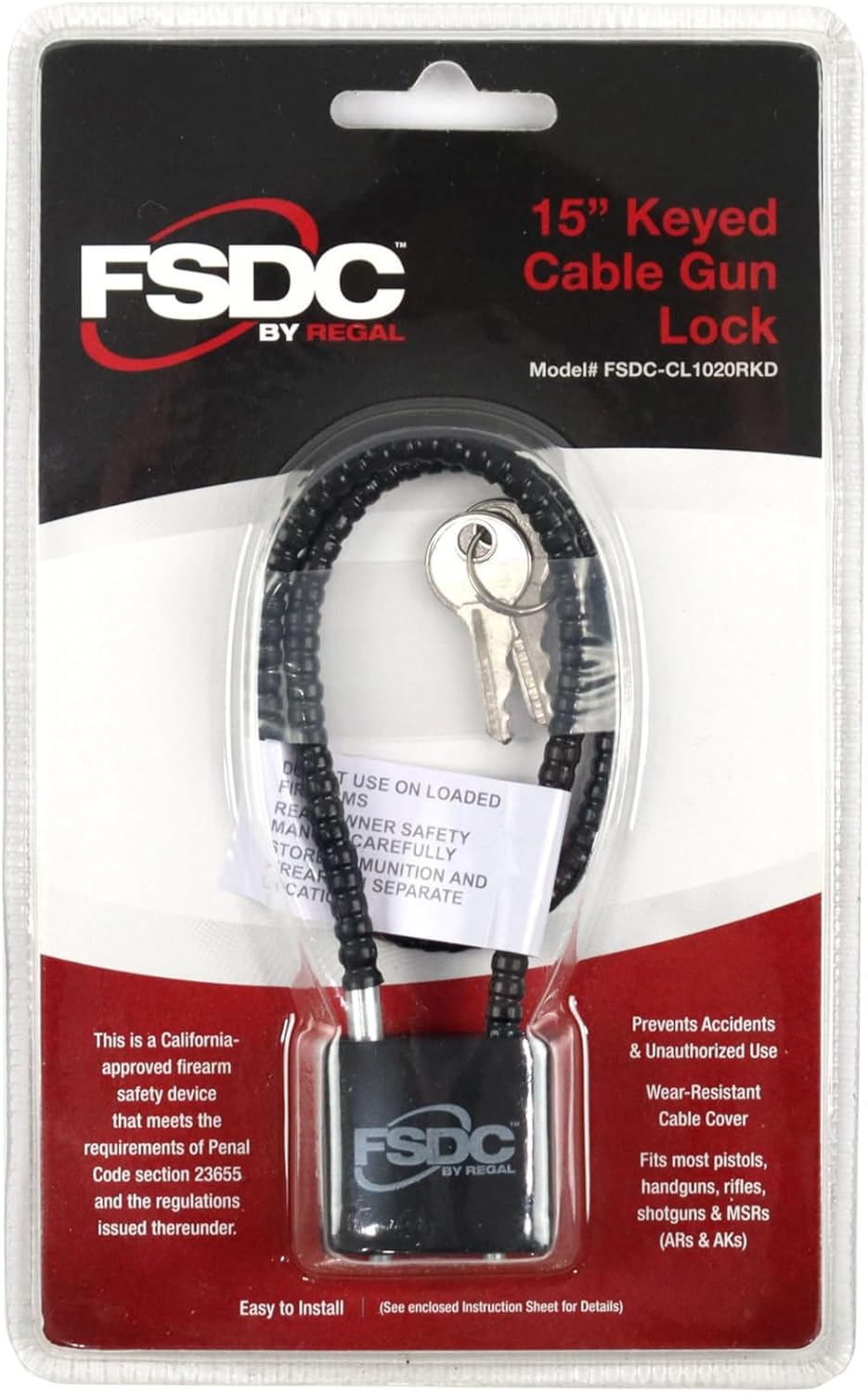 (Firearm Safety Devices - FSDC-CL1020RKD 15" Gun Cable Lock with 2 Keys - California DOJ Approved Lock - Scratch-Resistant Plastic Body & Cable Cover