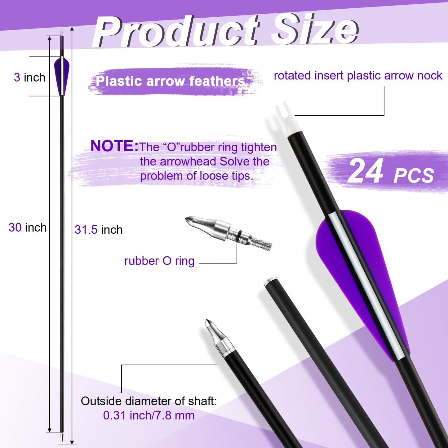 Arrowbash 24 Pcs 31.5 Inch Arrows for Compound Bow Hunting Arrows Carbon Arrows with 3 Inch Plastic Arrow Feathers and Removable Tips 500-600 Spine Archery Target Arrows for Recurve Bow(Purple)