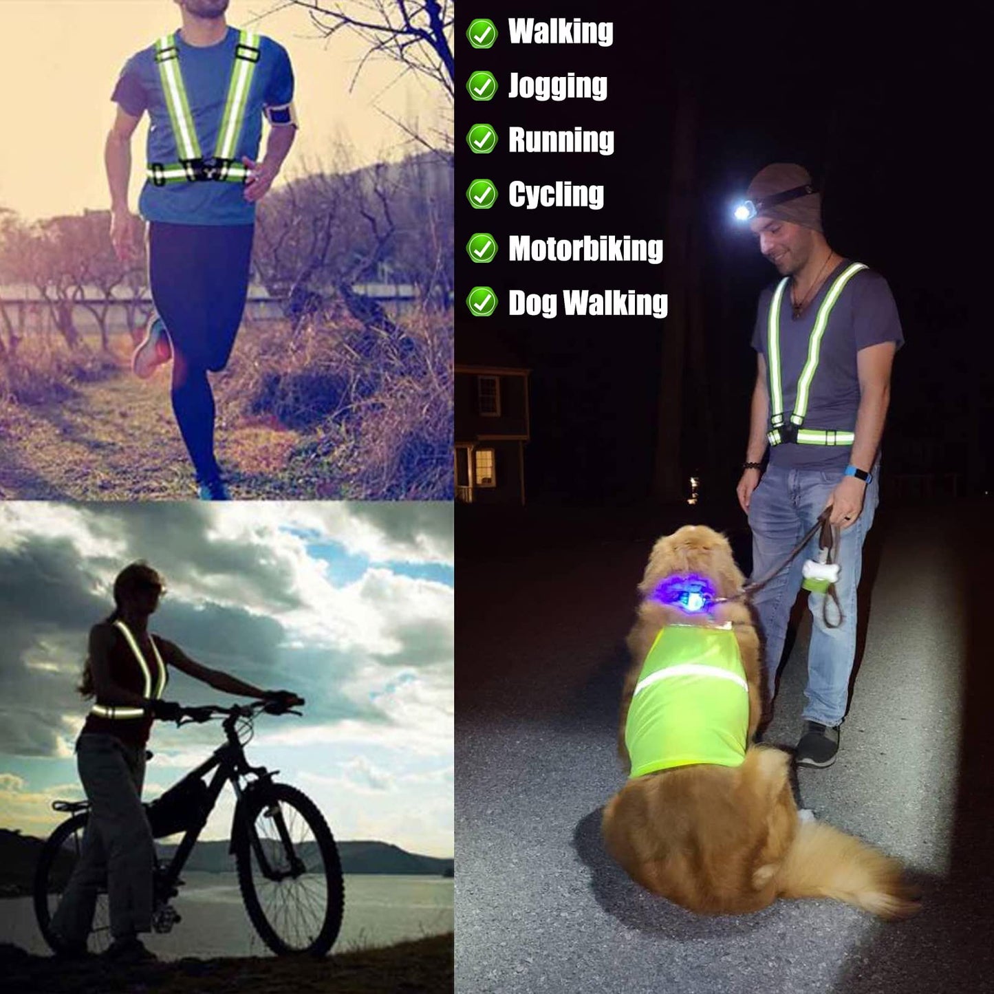 2Pack Reflective Vest Running Gear, Safety VES Adjustable High Visibility for Night Cycling, Highking, Dog Walking, Jogging (Green+Green)