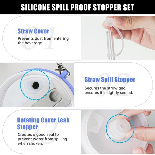 NiHome Silicone Water Bottle Handle with Anti-Spill Stopper Kit - Compatible with Stanley 1.0 & 2.0, Fits 2.7-5.12 Inch Diameter for Easy Carrying On-The-Go (Blue)