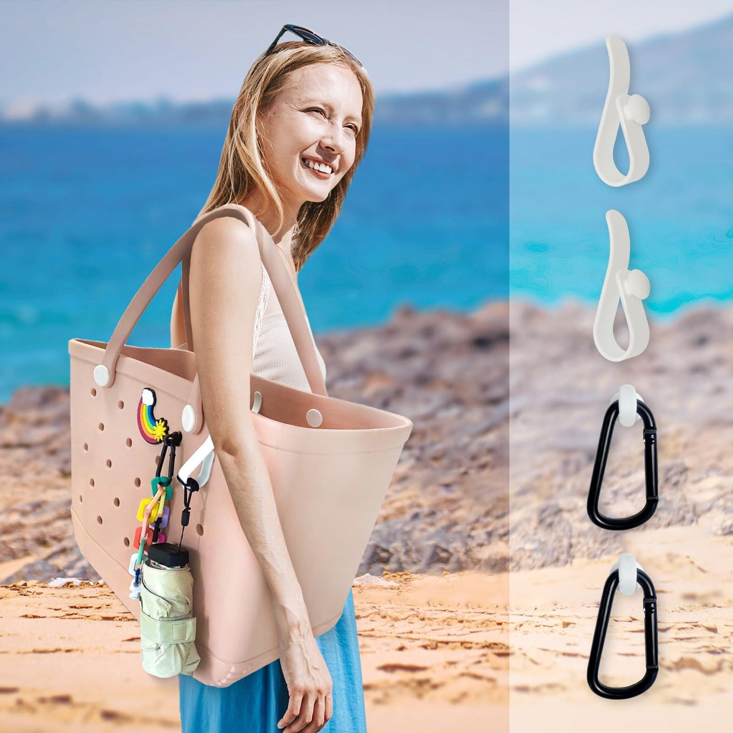 4Pcs Hooks Set Accessories Compatible for Bogg Bag, Insert Carabiner Key Chain Holder Charms, Compatible for Small & Large Beach Bags