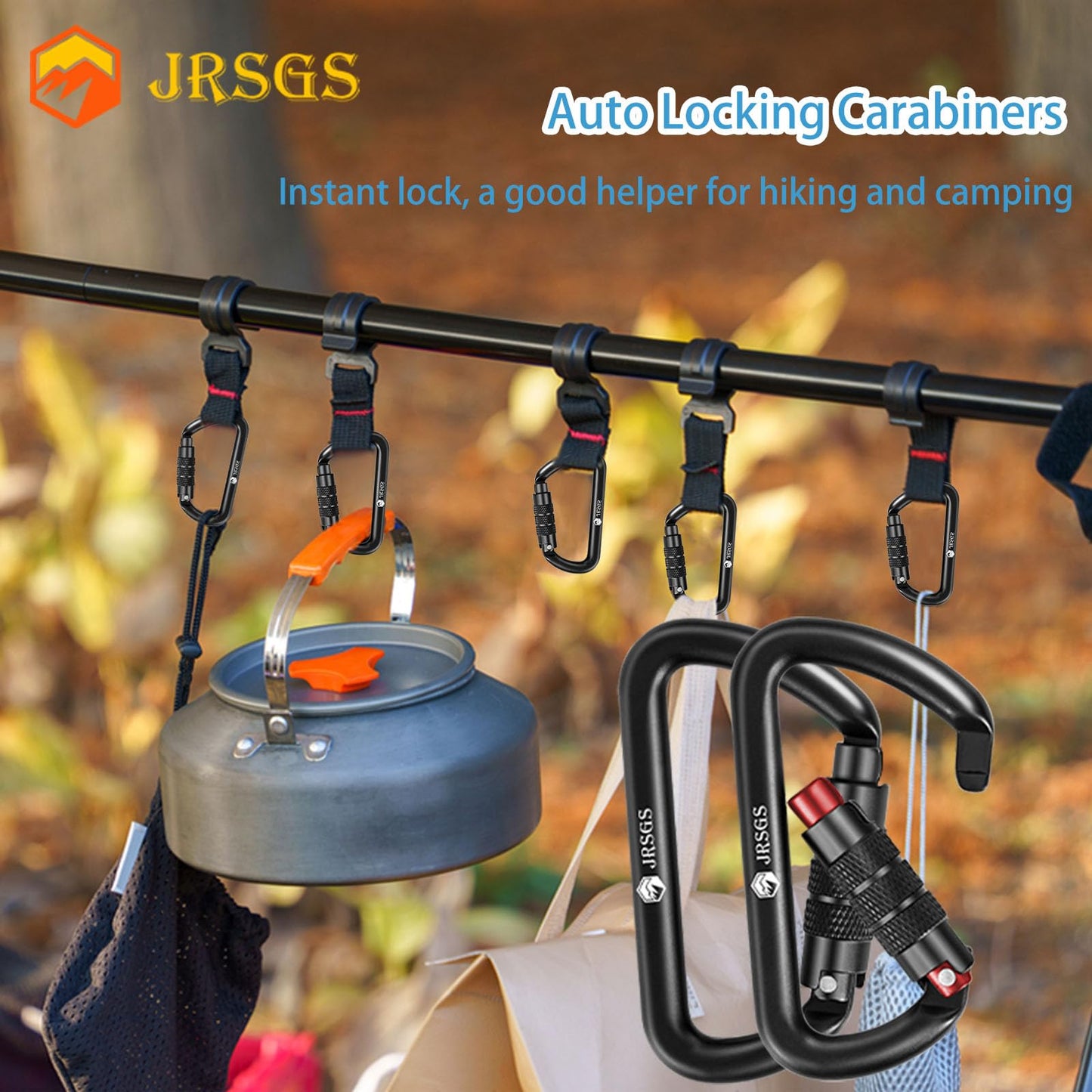 JRSGS Heavy Duty Locking Carabiner Clip 12KN Auto Locking Carabiner 7075 Aluminum Material, Lightweight and Strong, Easy to Carry, Suitable for Hiking, Hammock, Suspension, Gym, Keychain, Dog Leash.