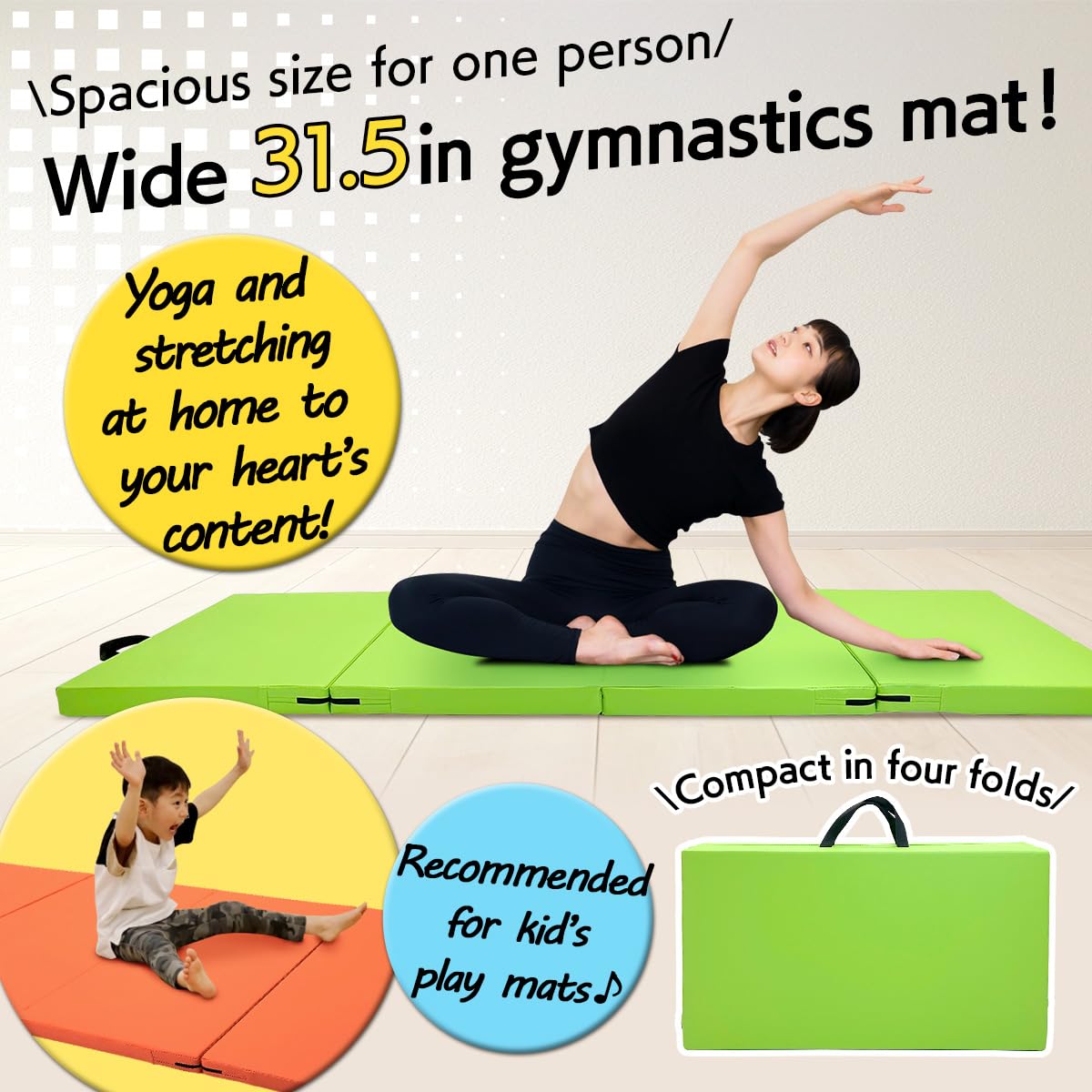 KaRaDaStyle Gymnastics Mat 4-Folding Stretch Mats 71"x31"x2" Exercise Muscle Training Children Play Horizontal Bar Mat Yoga Sports Soundproof Home Use (Yellow/4-fold)