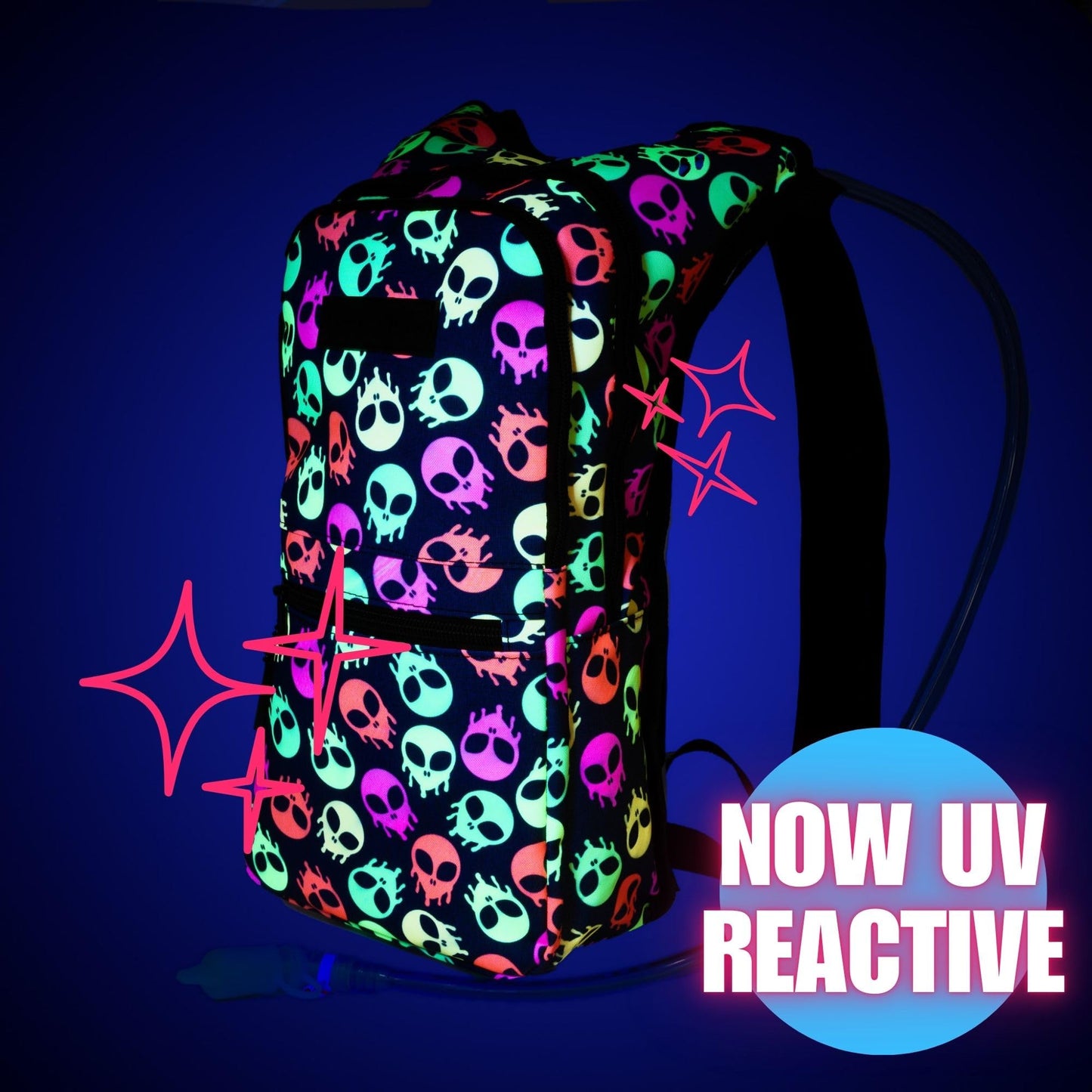 Kandies World Reflective Festival Hydration Pack - 2L Water Bladder for Raves, Hiking, Biking, Running, and More (Multi-Pocket Design) (Skull Alien)