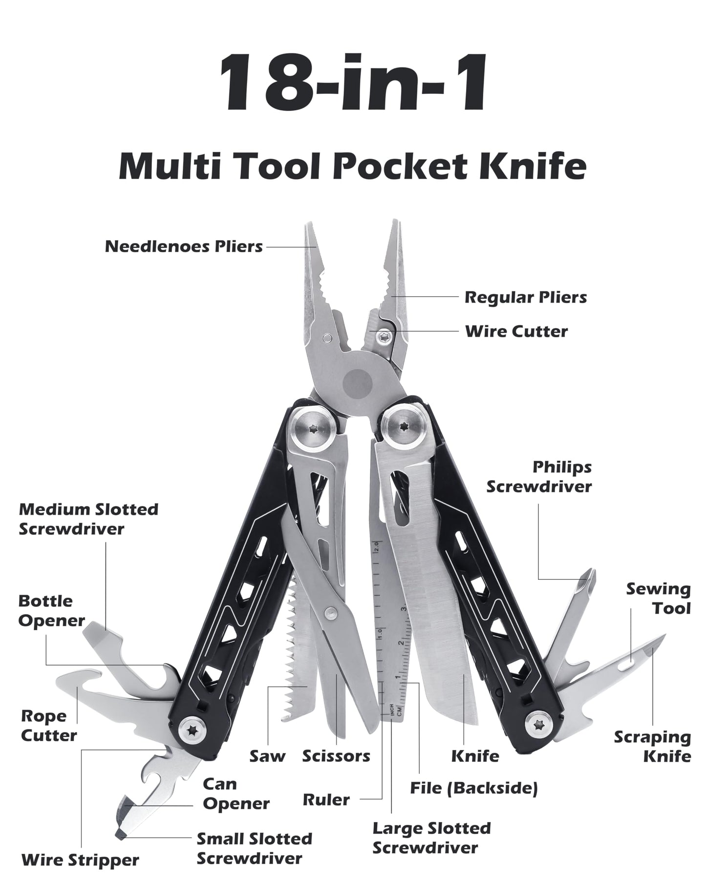 RUSH DEER Multi-Tool 18-in-1 Essential Survival Tools and Multitools Plier- Gift for Men-Versatile Camping Tool Kit-ultimate versatile toolkit For DIY, Outdoor-Black