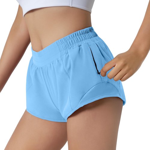 Aurefin Running Shorts for Women,Quick Dry Athletic Sports Shorts Lightweight Active Workout Gym Shorts with Zip Pocket Aero Blue-S