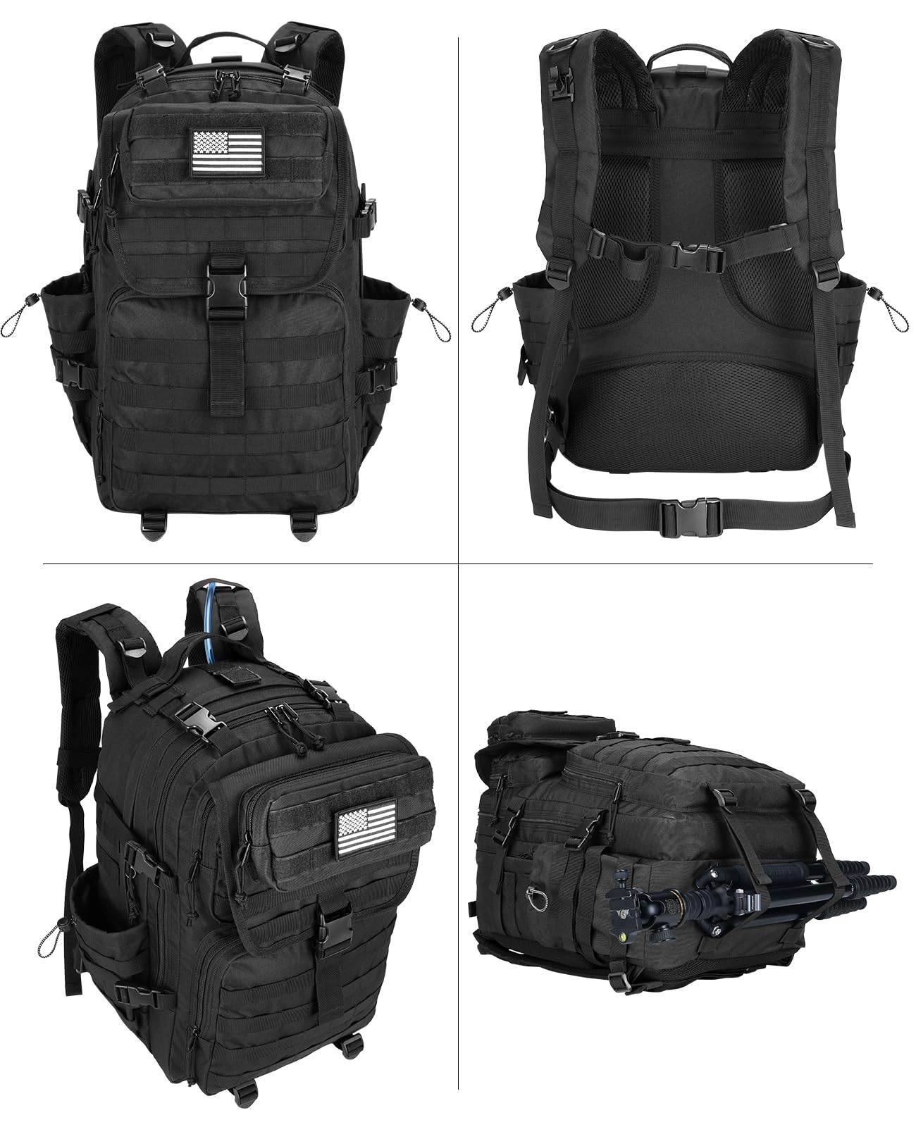 EZshoot Tactical Backpack, 45L Heavy Duty Military Backpack for Men, Army Molle 3 Days Assault Pack Bug Out Bag, Large Military Gear Travel Hiking Camping Sports Rucksack with Bottle Holder, Black