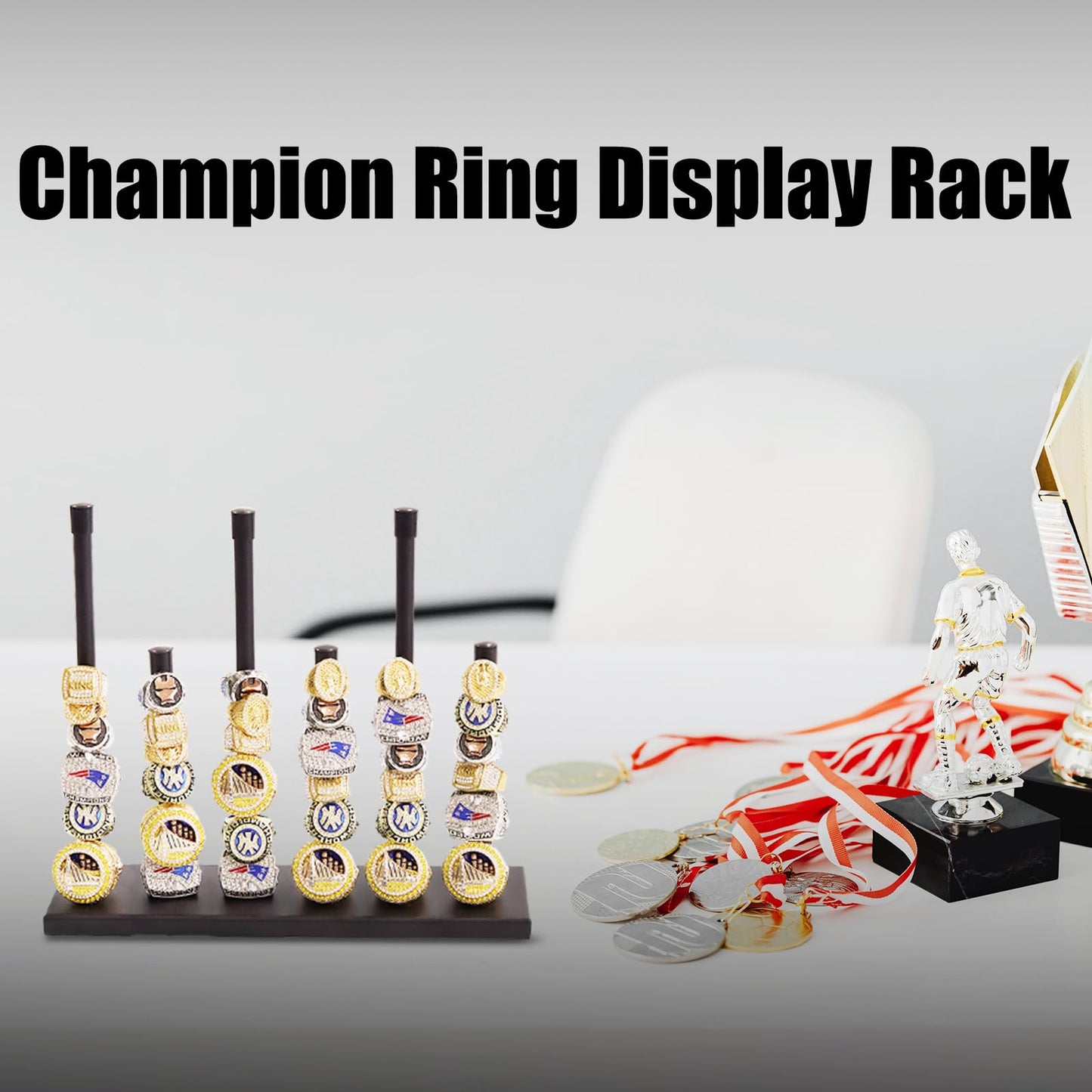 Gavinjitao Champion Ring Display Holder,Baseball Ring Holder Metal Championship Sports Jewelry Rack 6 Pillars Display Rack for Storing Baseball, Basketball, Softball Champion Souvenirs Black