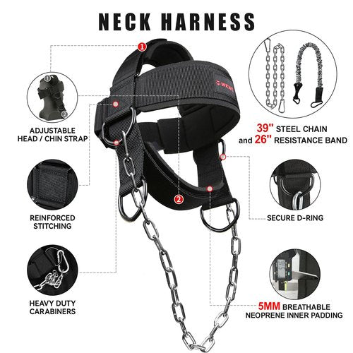 WKWE Neck Harness for Increases Neck Core Strength - Neck Exerciser with 30" Heavy Duty Steel Chain for Safely Lifting Weights Up to 280 lbs, Adjustable Head with Nylon Tether and 2 Carabiners Manually-operated exercise equipment