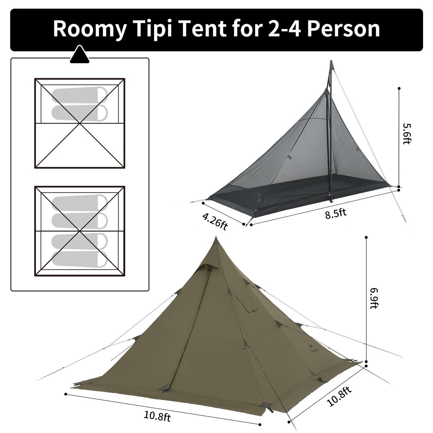 Naturehike Ranch Fire Teepee Tent, 4 Season Hot Tent with Stove Jack, Windproof Waterproof Cold Weather Winter Tents for Camping