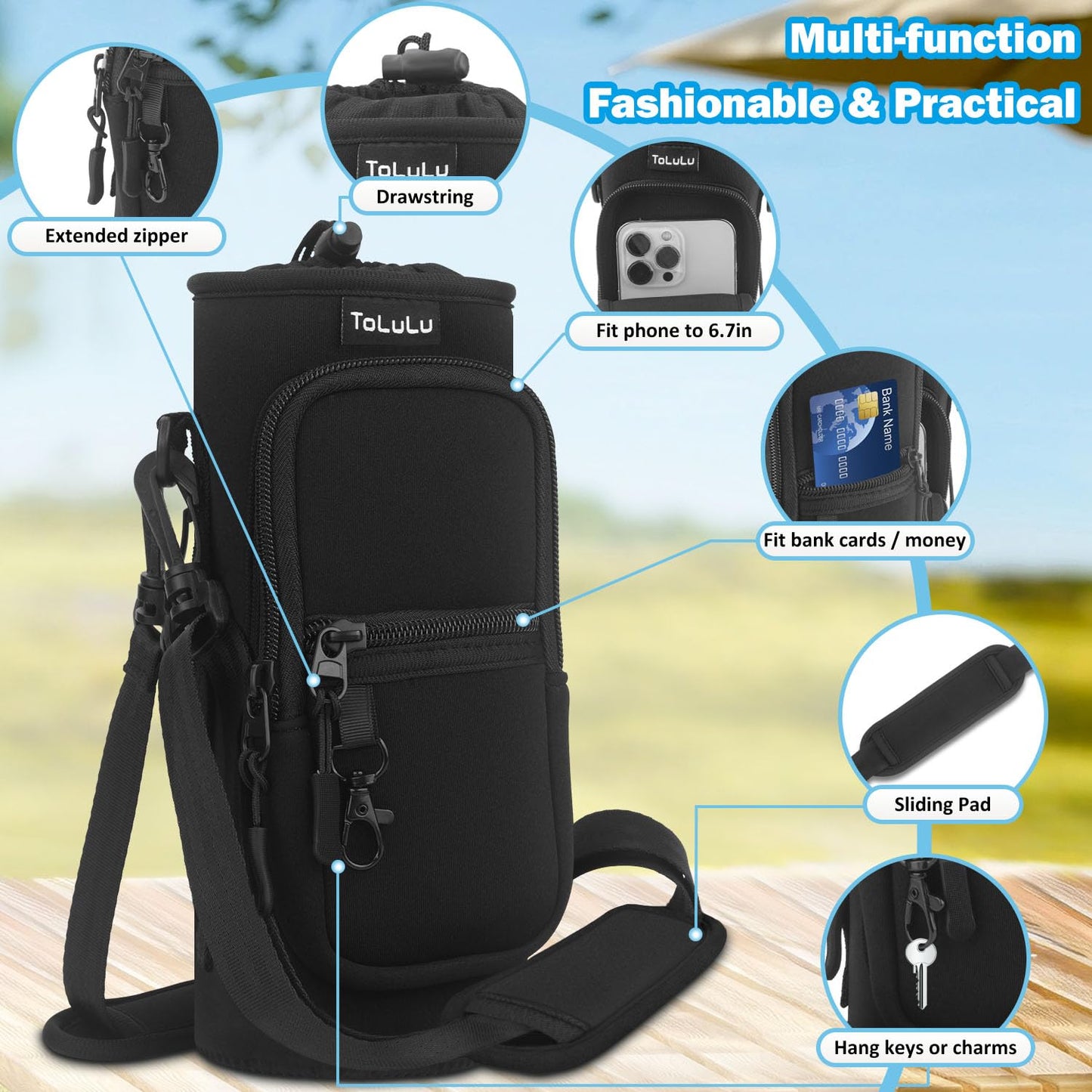 25/32/40oz Water Bottle Carrier Bag with Phone Pocket,Crossbody Insulated Neoprene Adjustable Shoulder Strap Water Bottle Pouch Case, Water Bottle Holder Sling Sleeve for Walking Hiking, 40oz Black