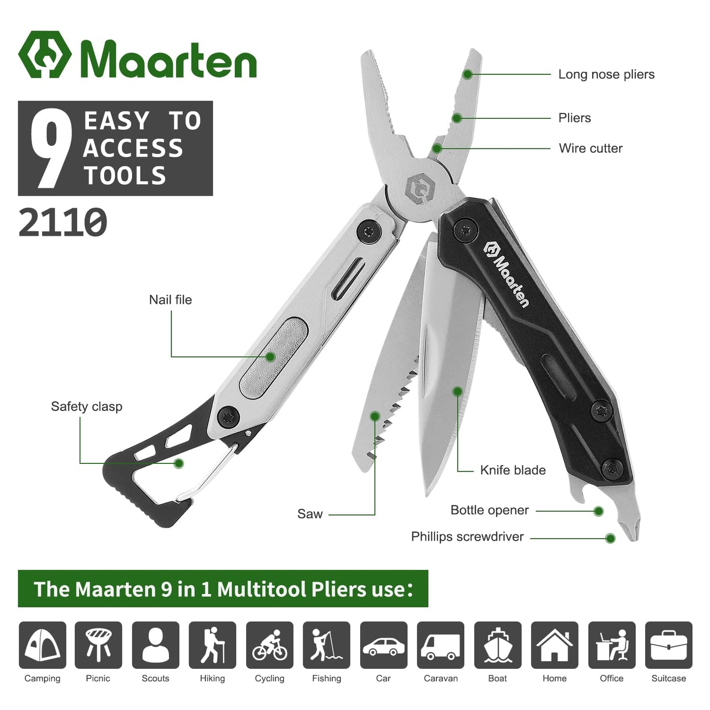 Maarten Mini Multitool, Lightweight 9 in 1 Professional Stainless Steel Multi Tool Keychain Pocket Pliers with Carabiner, Safety Lock Small Multitool with Bottle Opener