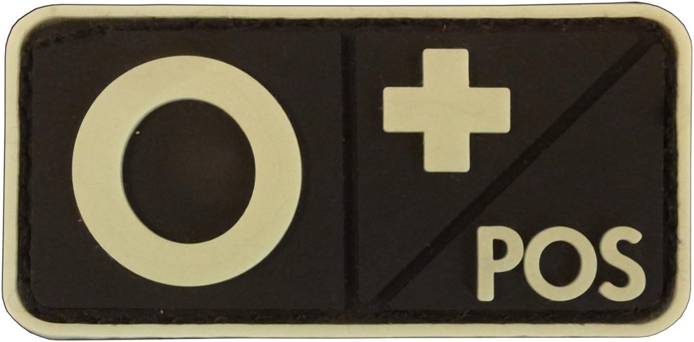 Mini First Aid Blood Type PVC Patch Black and White Glow Dark Compatible with Velcro PVC Patches for Hats,Plate Carrier,Ifak,First Aid Kit Patch (O Positive)