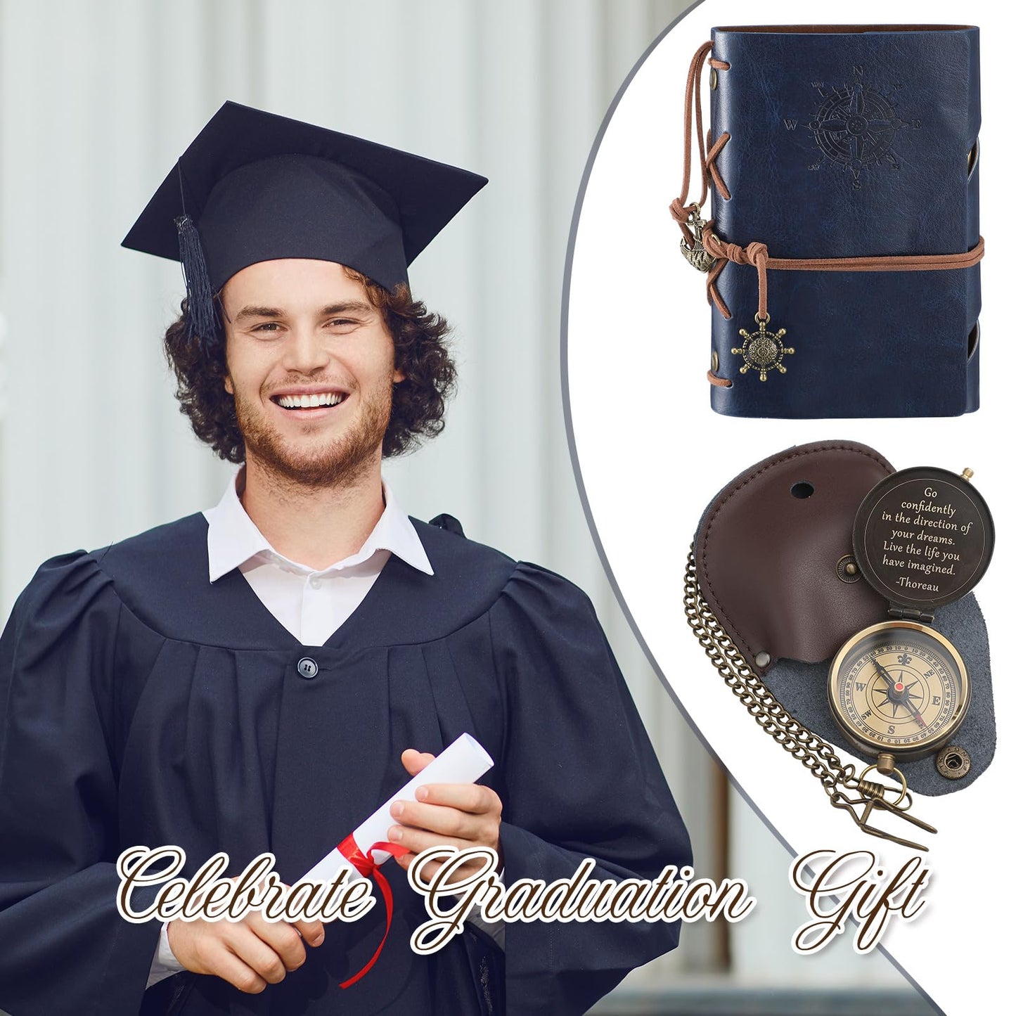 Kanayu 2 Pcs Compass Graduation Gift Compass with Stamped Leather Case and Leather Journal Notebook High School College Graduation Gifts for Him(Dark Blue)