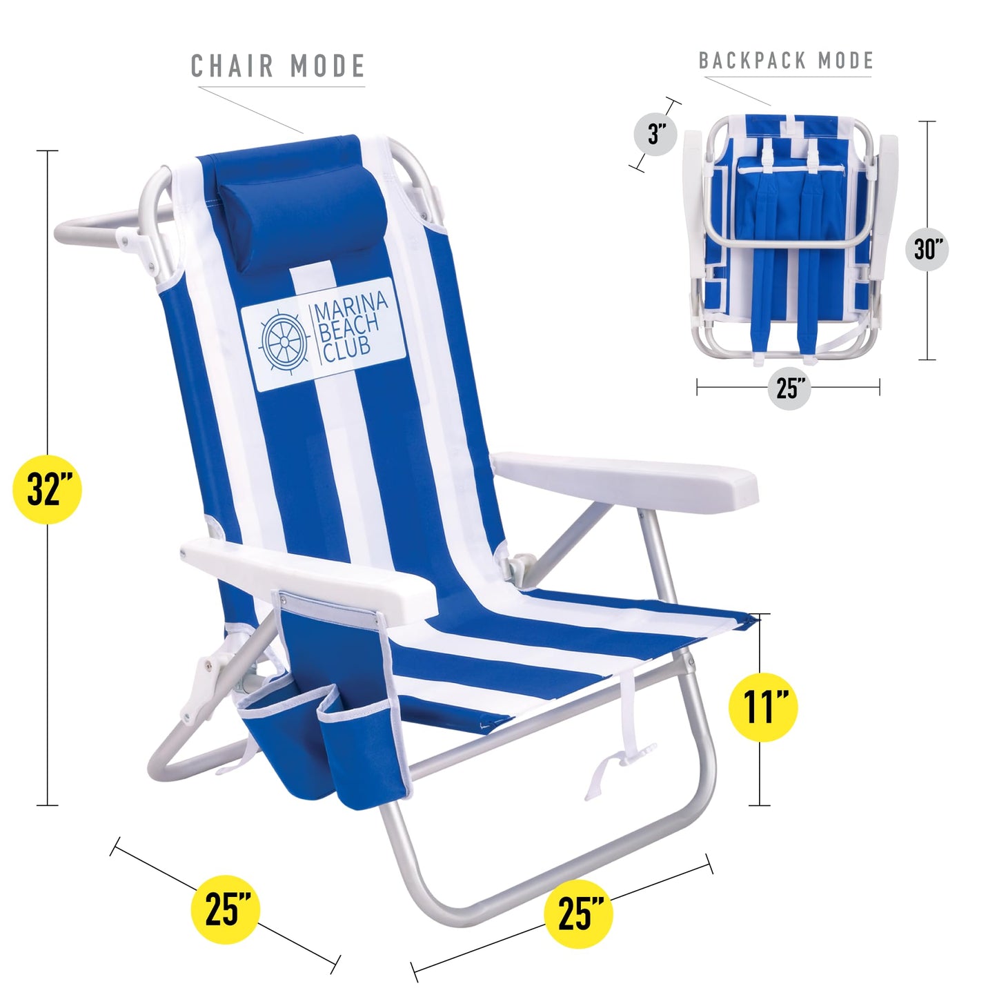 Luxury Sturdy Extra Comfort Backpack Beach Chair/Bundle of 2 Units (Blue White Stripes)