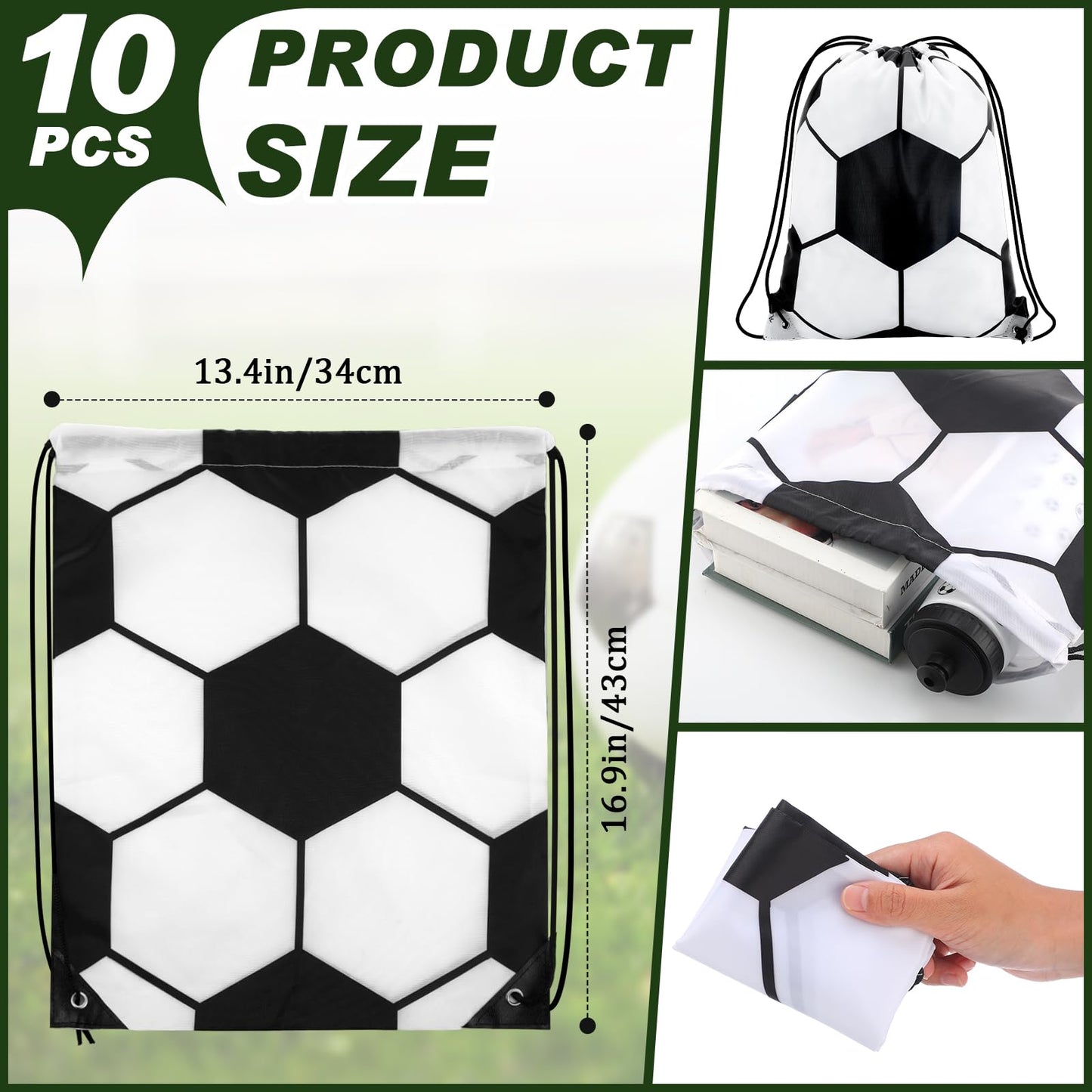 20 Pcs Soccer Party Favors 10 Pcs 13.4 x 16.9 Inch Soccer Drawstring Bags and 10 Pcs 24 oz Soccer Squeeze Water Bottles Football Drawstring Backpack Sport Bottles Plastic for Kids Party Supplies