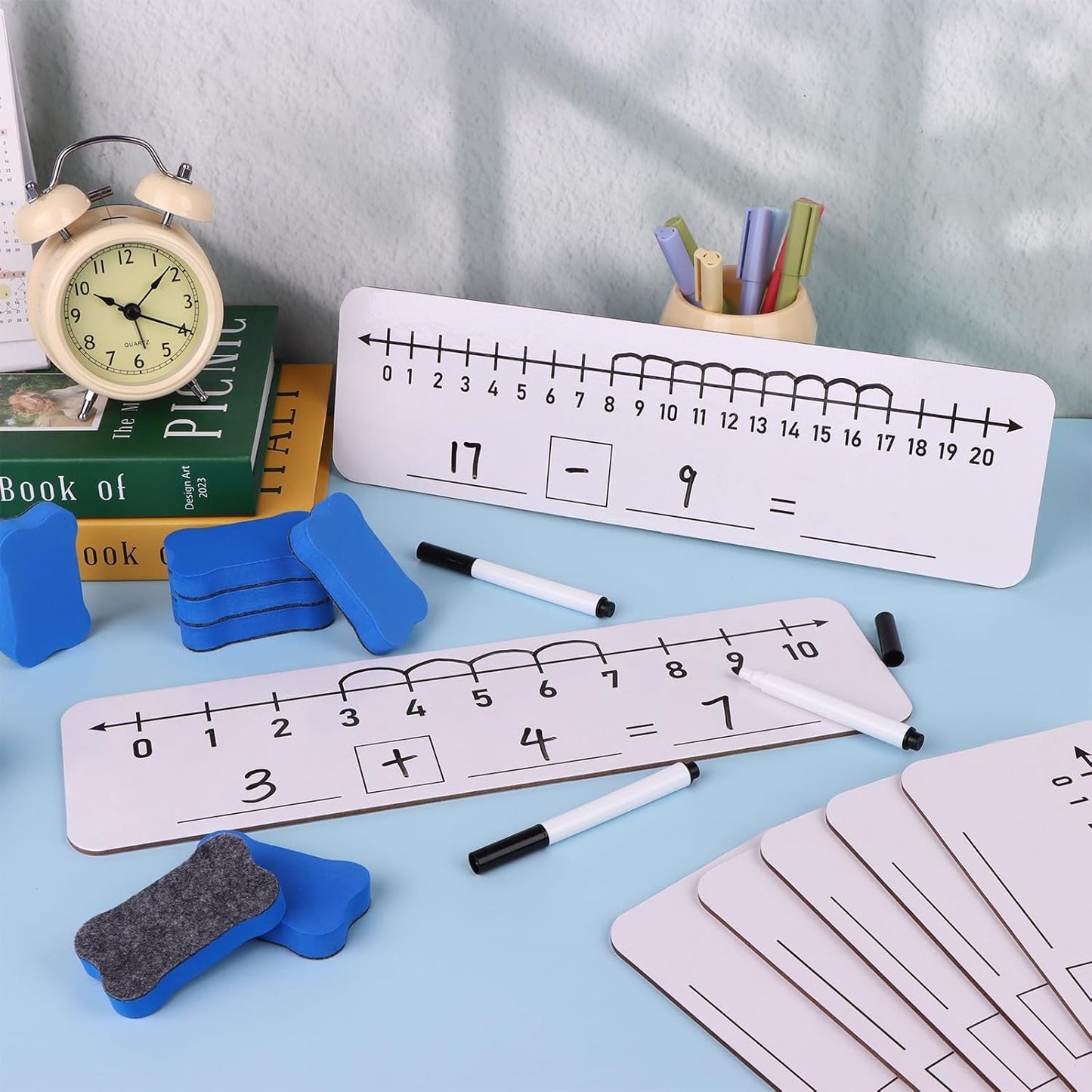 20 Pack Number Line Dry Erase Boards 4x12 Inch White Boards Lapboards with Lines Double Sided Numbers 0 Thru 10 and 20 Math with Black Markers Erasers for Students Teacher Supplies Classroom