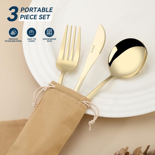 VIVANI Travel Utensils with Case, 3 Pieces Reusable Champagne Gold Utensils Set, Stainless Steel Camping Cutlery Set for Lunch Box