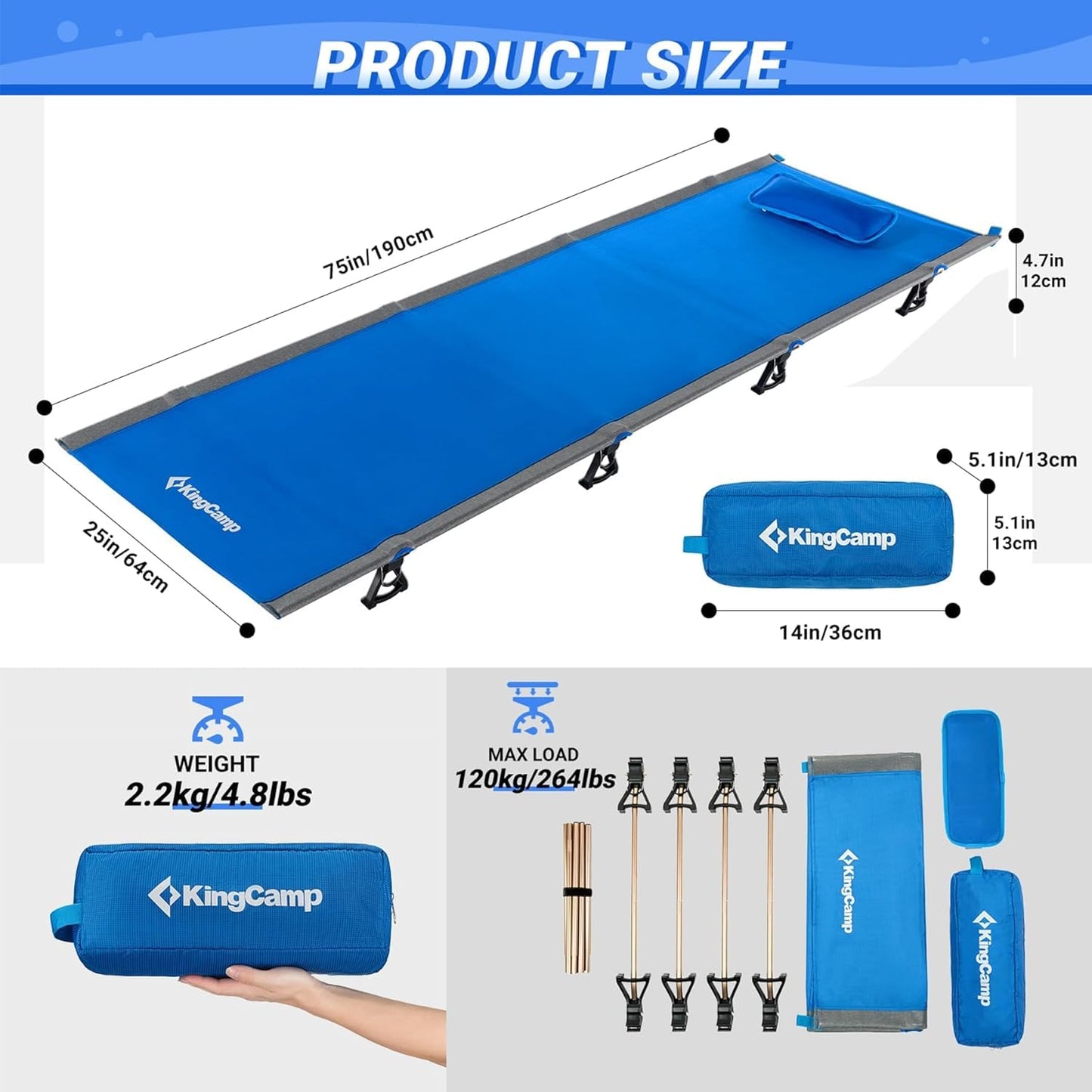 KingCamp Ultralight Camping Cot, Portable Folding Tent Camping Bed, Heavy Duty Sleeping Bed with Pillow for Adults Outdoor Backpacking Travel Hiking, Supports 350LBS, Orange