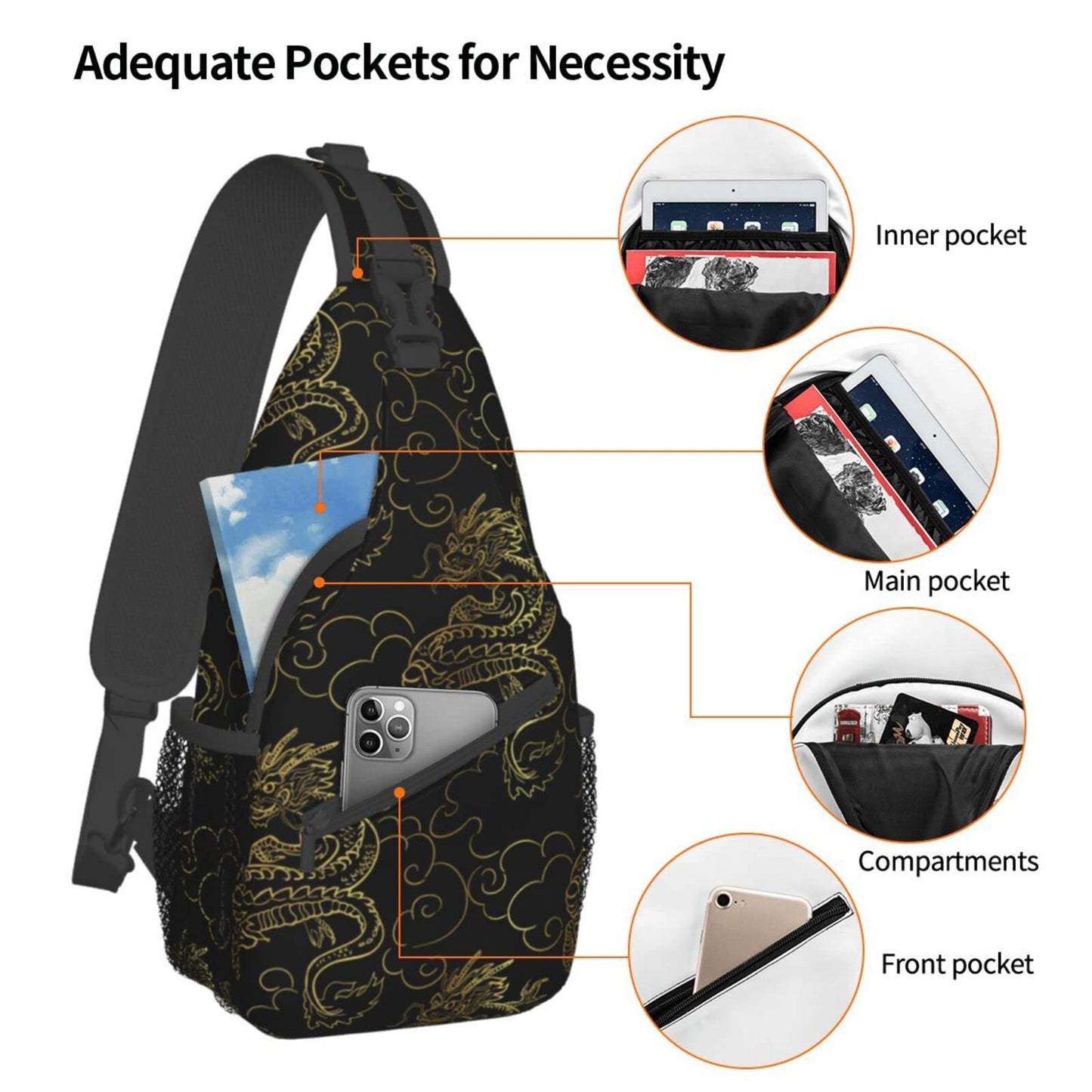 Chinese Japanese Dragon Sling Bag Sling Backpack Crossbody Chest Bag Daypack for Women Men Hiking Travel