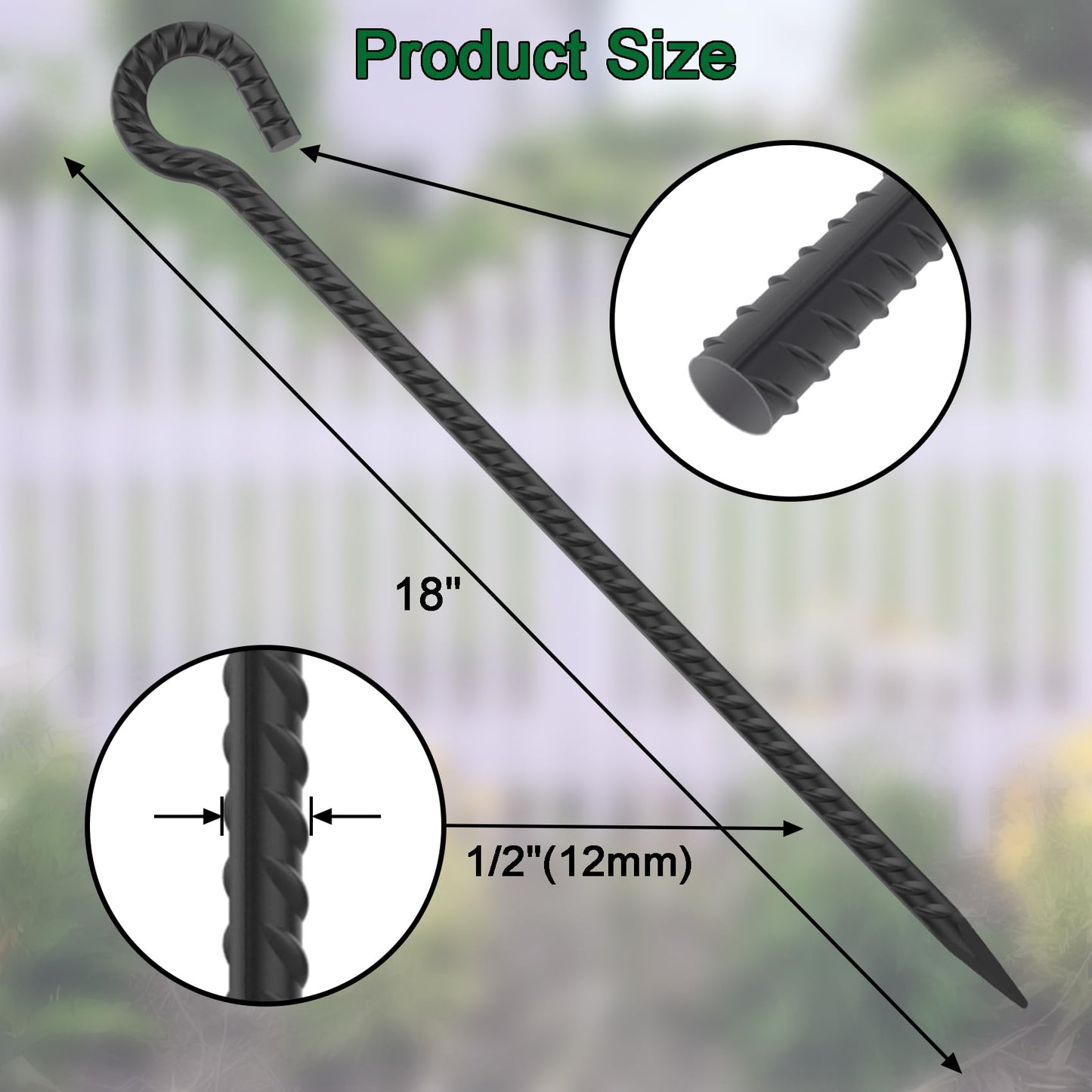 18 Inch Rebar Stakes with Loop 12 Pack Camping Tent Ground Anchors Heavy Duty 1/2 Inch Diameter Metal Tree Stakes and Supports for Leaning Trees, Dog Tie Out Stake, Garden Rope Fence Stakes, Black