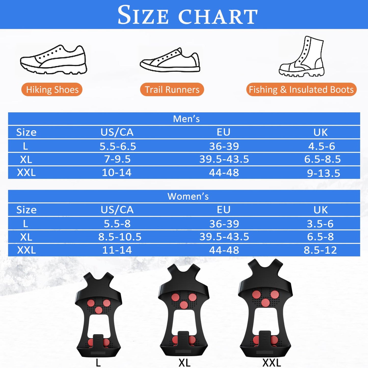 GT20 Light Ice Snow Grips Cleat Crampons Over Shoe/Boot Traction Cleat Slip-on Stretch Footwear (Balck, X-Large)