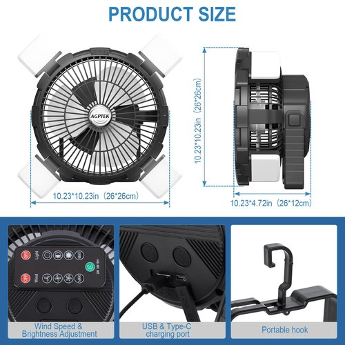 AGPTEK Portable Outdoor Fan - 8000mAh Rechargeable Battery with LED Light Lantern & Hook, Ideal for Picnics, BBQ, Fishing, Travel & Camping