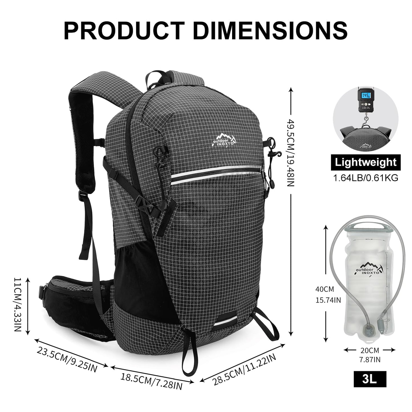 IX INOXTO Hydration Pack, 25L Hiking Backpack with 3L Water Bladder and Rain Cover, Lightweight Hydration Pack for Hiking, Cycling, Climbing, Camping (Black)