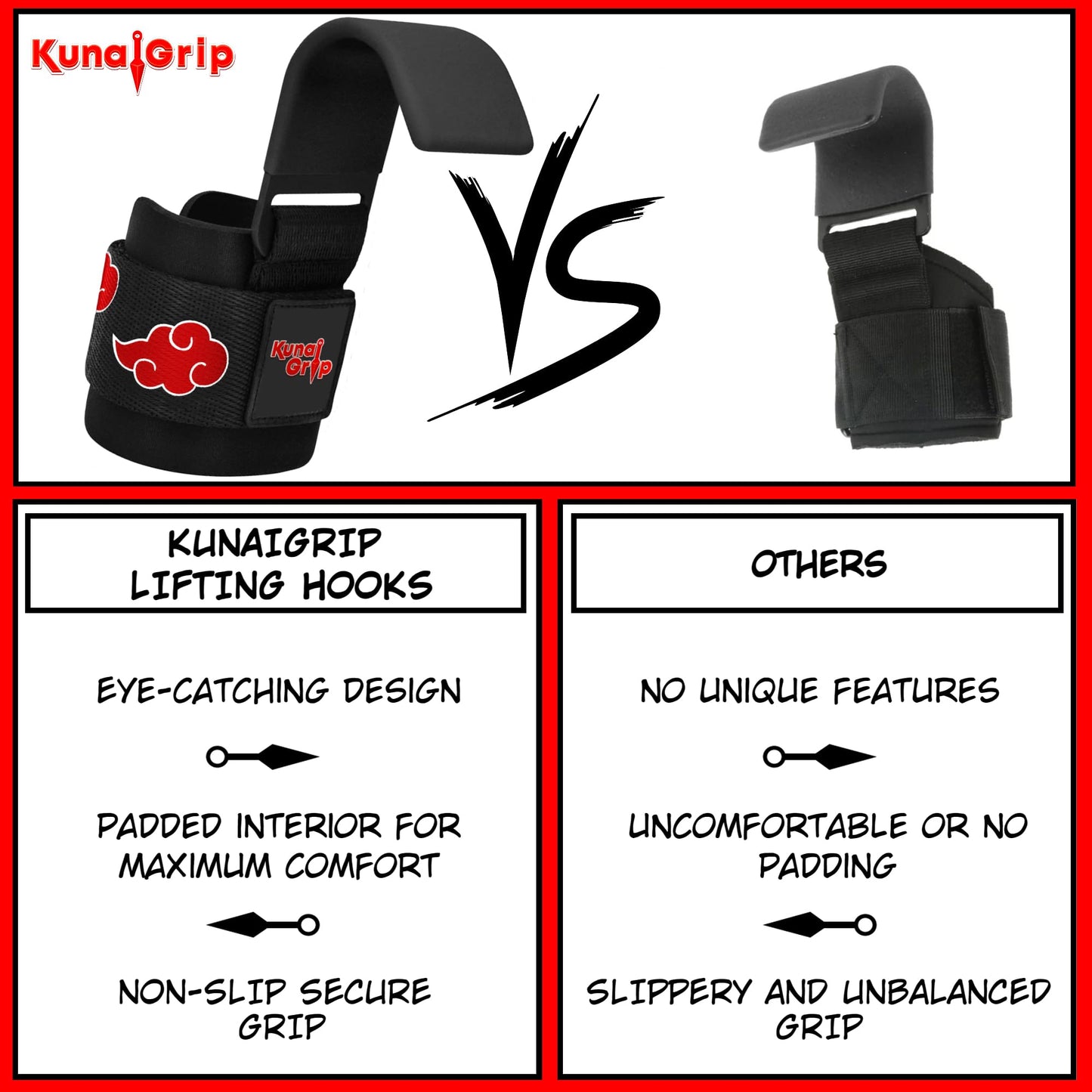 Kunaigrip Anime Weight Lifting Hooks (Pair) with Heavy Duty Wrist Straps for Men and Women - Ultimate Grip Support for Deadlifts, Pull Ups, Powerlifting, Shrugs and More