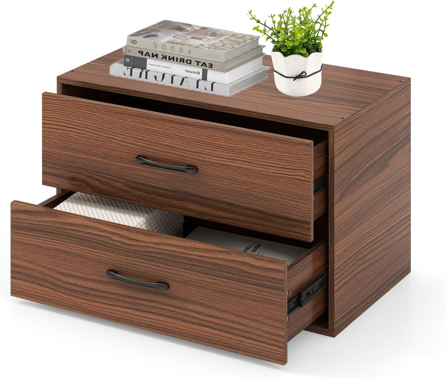 2 Drawer Lateral File Cabinet, Stackable Home Office Drawers, Under Desk Printer Stand, Low Storage Organizer, Horizontal Wooden Filing Cabinet for Study Living Room, No Wheels (2, Walnut)